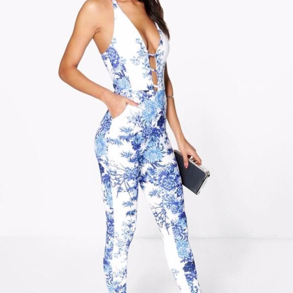 BooHoo Blue floral jumpsuit